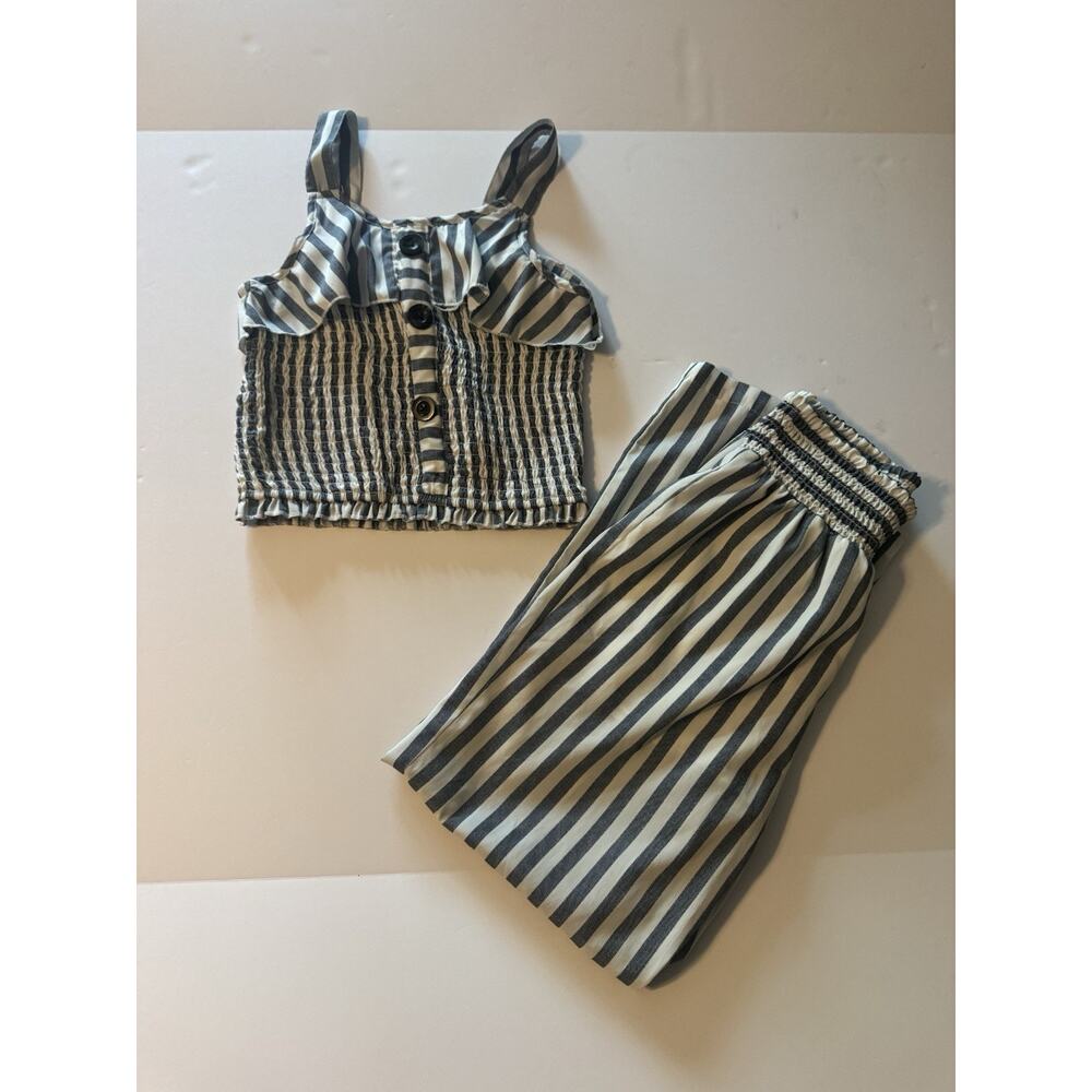 Japna Girls Size 10 Set Blue Stripe Smocked Top Wide Leg Pants
